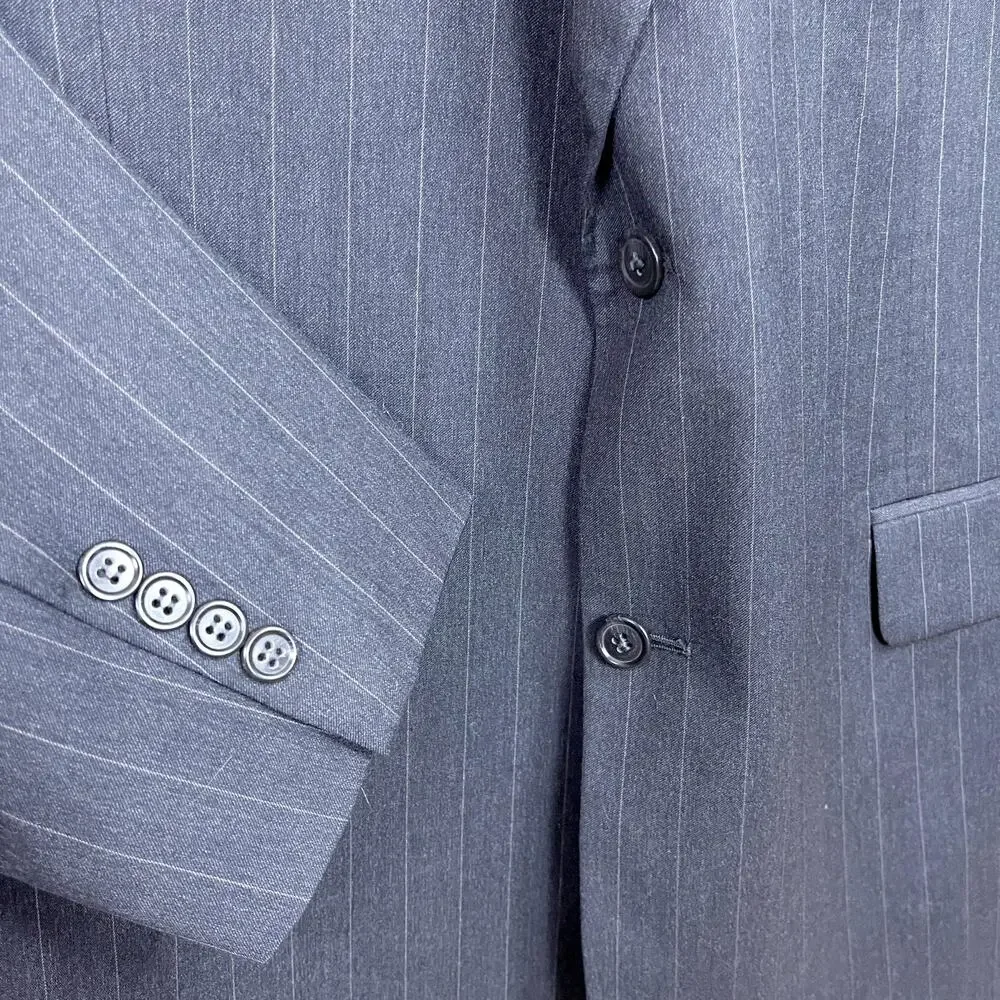 Jos A Bank Wool Suit Gray Striped Mens 46 XL Jacket 40x32 Pleated Cuffed Pants